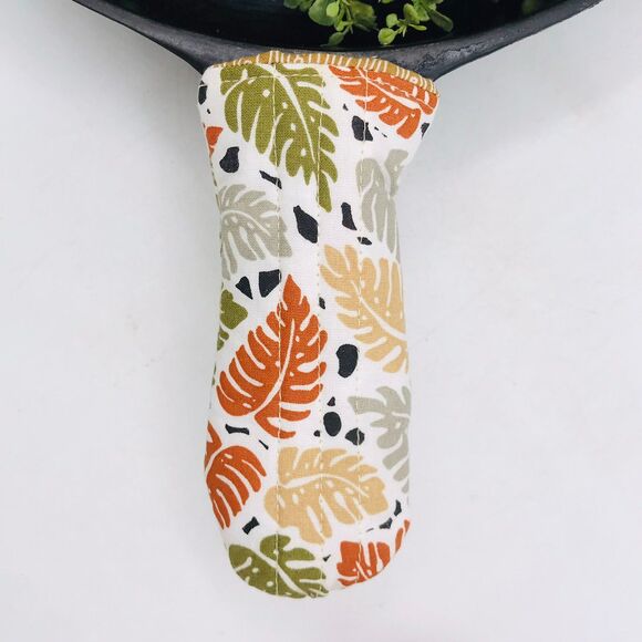 Stocking Stuffer Lot of 3 Cast Iron Pan Handle Potholder Cotton Monstera Leaves - Picture 1 of 1